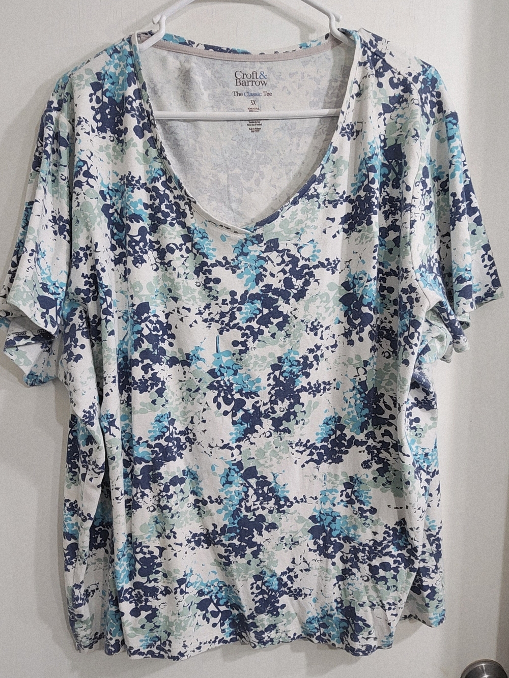 White Blue Teal Floral V-Neck Top
